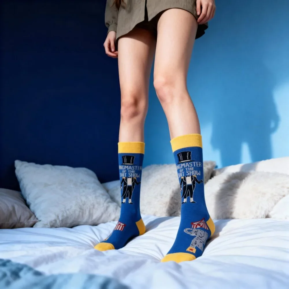 Ringmaster Of The Shit Show Funny Socks | Blue Circus Graphic Crew Socks